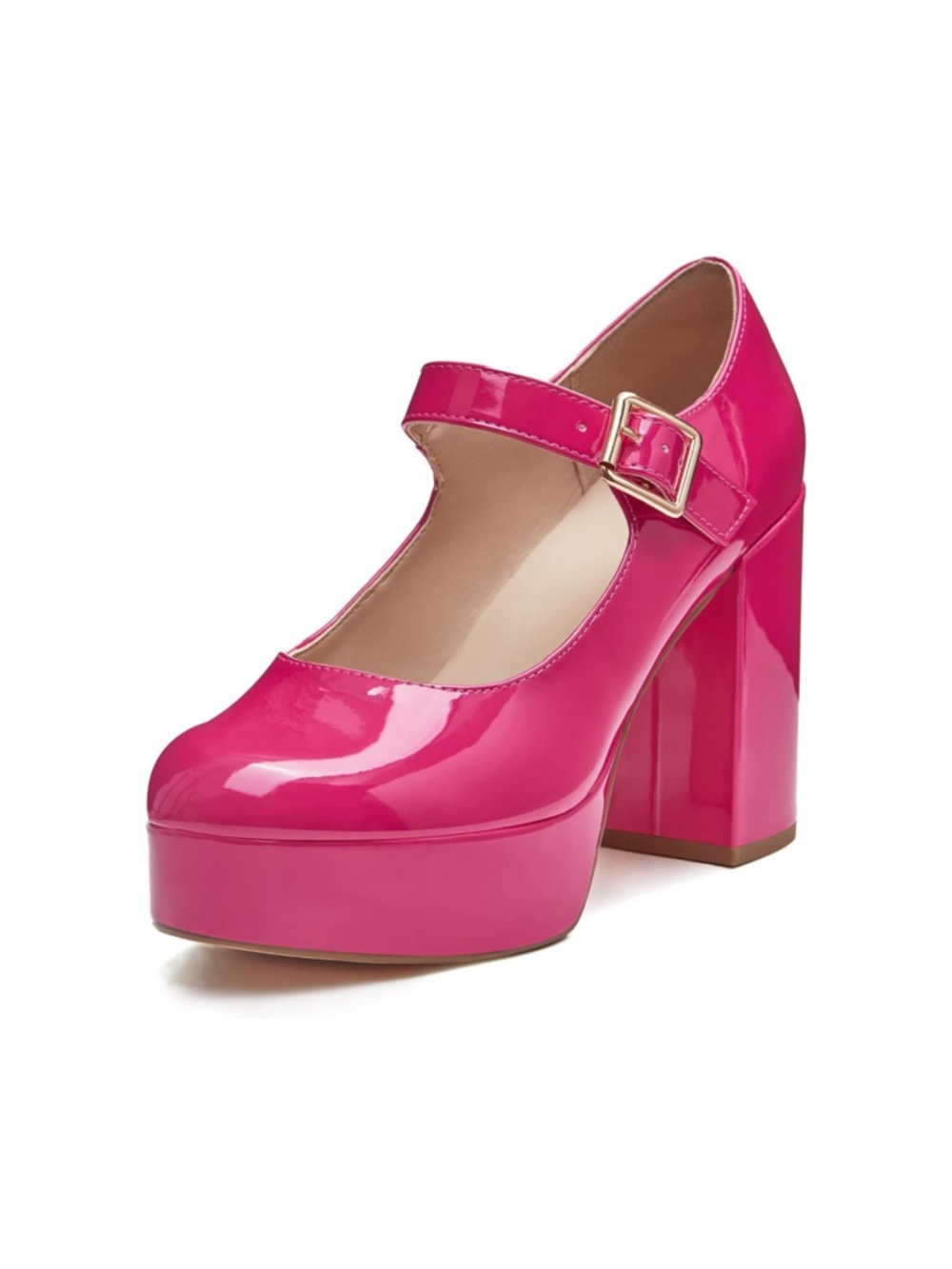Coutgo Womens' Round Toe Chunky Platform Heels Patent Mary Jane Dress Shoes Pink